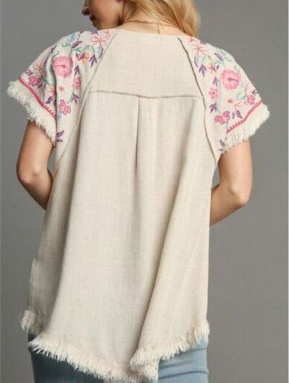 Umgee Embroidered Sleeves Linen Cotton Blend Round Neck w/ Frayed High Low Hem M - Picture 15 of 15